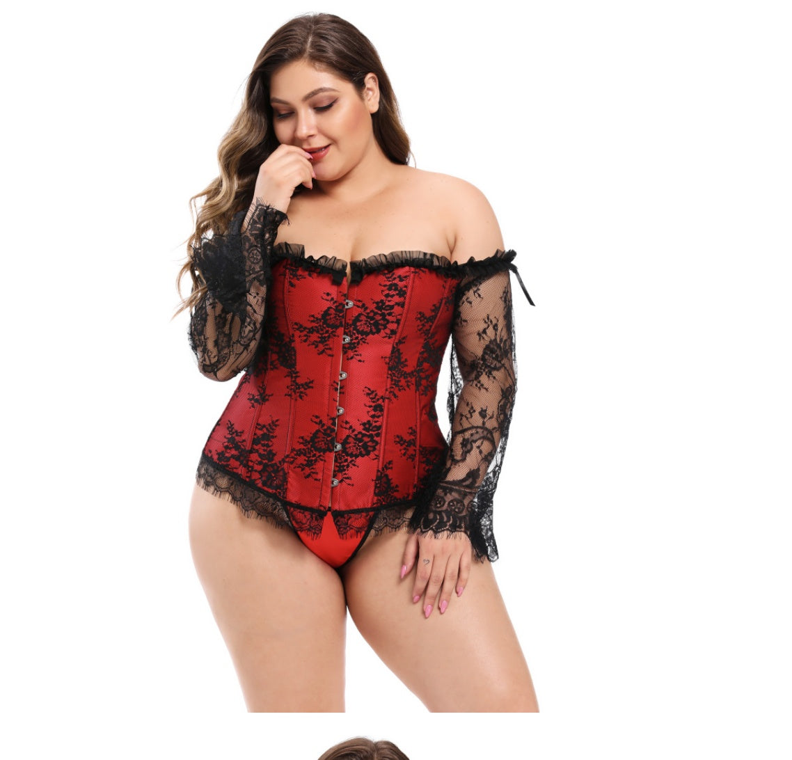 TOPMELON Steampunk Corset Bustier Gothic Corselet Corset Women Bustier Long Sleeve Lace Floral Off Shoulder Sexy Party Corset