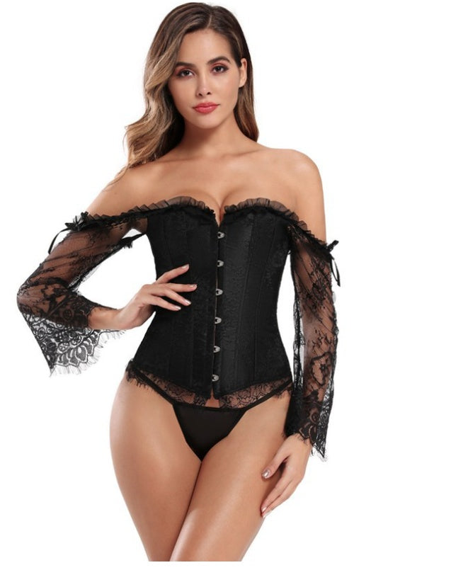 TOPMELON Steampunk Corset Bustier Gothic Corselet Corset Women Bustier Long Sleeve Lace Floral Off Shoulder Sexy Party Corset