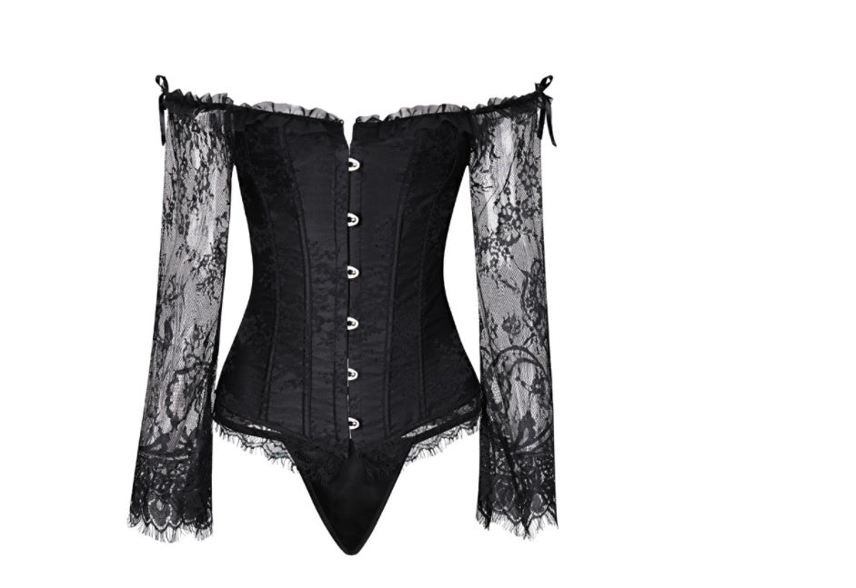TOPMELON Steampunk Corset Bustier Gothic Corselet Corset Women Bustier Long Sleeve Lace Floral Off Shoulder Sexy Party Corset
