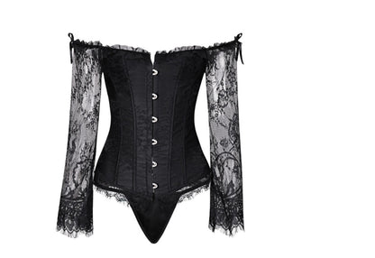 TOPMELON Steampunk Corset Bustier Gothic Corselet Corset Women Bustier Long Sleeve Lace Floral Off Shoulder Sexy Party Corset